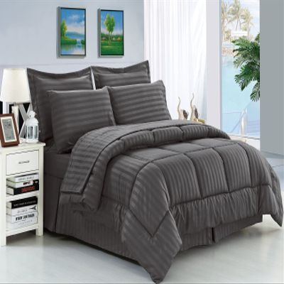 Wega Linen Stripe Comforter Set Queen/Full 88x88-5Piece Bedding Comforter with 4 Pillow Cases Soft Cotton Down Alternative Comforter Set Dark Stripe