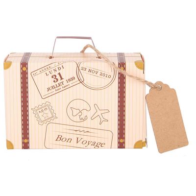 Alvinlite 50pcs Party Favor Candy Gift Box with Tags Burlap Twine 3.15" x 1.18" x 1.97" Travel Themed Mini Suitcase Vintage Kraft Paper Treat Boxes for Christmas Halloween Wedding Birthday Valentine's