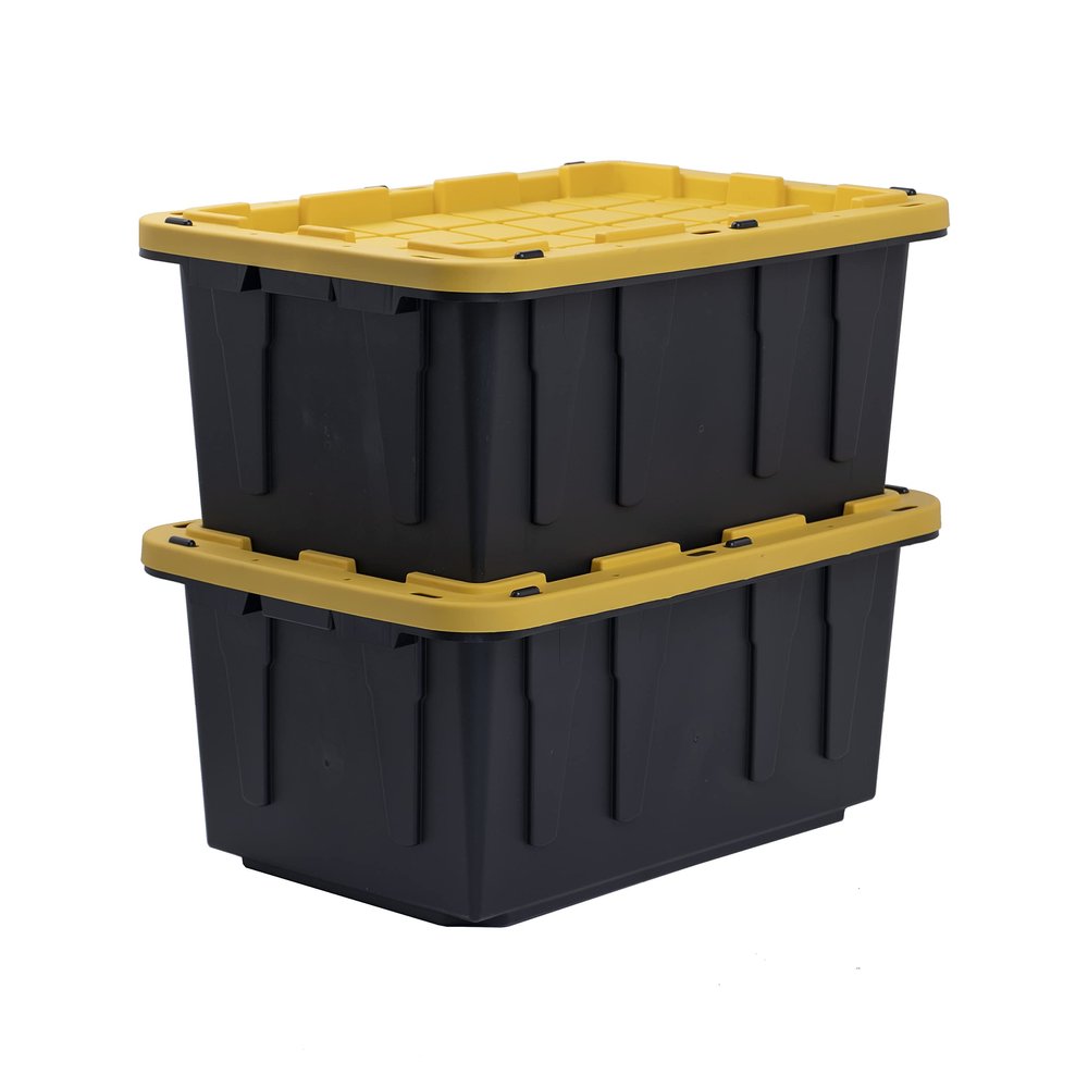 BLACK & YELLOW, 17-Gallon Heavy Duty Storage Bins with Lids, Stackable Plastic Storage Bins with Weather-Resistant Design, Home Organization, 2 Pack (12.5H x 18W x 26.9D)