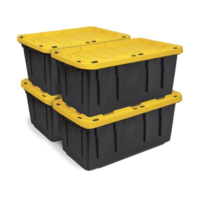BLACK & YELLOW 17-Gallon Heavy Duty Storage Bins with Lids, Stackable Plastic Storage Bins with Weather-Resistant Design, Home Organization, 4 Pack (12.5H x 18W x 26.9D)