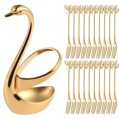 AnSaw Elegant Swan Base Holder & 20 pcs 4.7" Gold Leaf Stainless Steel Forks Set for Appetizers, Desserts, Fruits, Cakes, and Salads