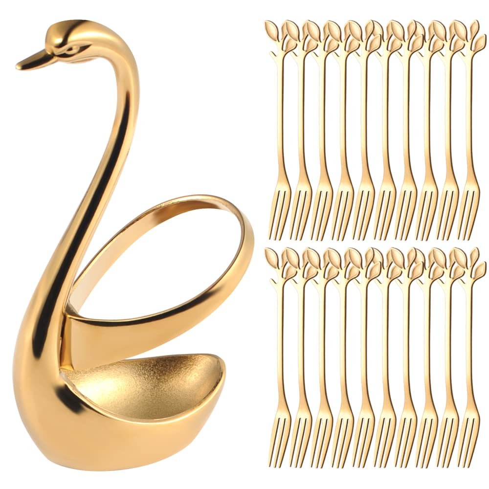 AnSaw Elegant Swan Base Holder & 20 pcs 4.7" Gold Leaf Stainless Steel Forks Set for Appetizers, Desserts, Fruits, Cakes, and Salads