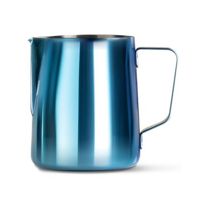 Barista Basics 12 Oz Blue Stainless Steel Milk Frother Pitcher, Steaming Pitcher for Latte Art, Food-Grade/w Measurements