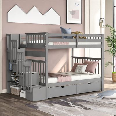 YSWH Bunk Bed Frame, Full-Over-Full Pinewood Bedroom Furniture Bed with Drawers, Storage Staircase, Open Shelves and Guardrails, Can Be Separated Into 2 Beds (Gray)
