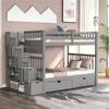 YSWH Bunk Bed Frame, Full-Over-Full Pinewood Bedroom Furniture Bed with Drawers, Storage Staircase, Open Shelves and Guardrails, Can Be Separated Into 2 Beds (Gray) view 1