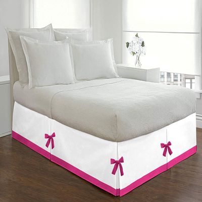PG Beddings Luxury 1 Piece Two Tone Split Corner Tie Bed Skirt, 21 Inch Drop Length 100% Egyptian Cotton, Olympic Queen Size Solid White/Hot Pink