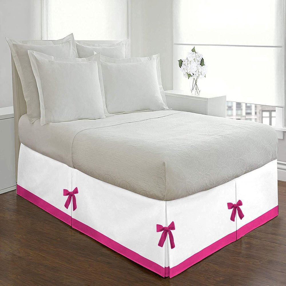 PG Beddings Luxury 1 Piece Two Tone Split Corner Tie Bed Skirt, 21 Inch Drop Length 100% Egyptian Cotton, Olympic Queen Size Solid White/Hot Pink