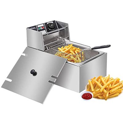 Holyfly Commercial Deep Fryer with Basket & Lid, Max 2500W 6.3QT Stainless Steel Electric Countertop Frying Machine with Removable Tanks and Baskets, Large Capacity for French Fries Fish Turkey (1pcs)