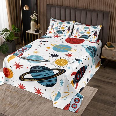 Erosebridal Outer Space Quilted Queen Size Kids Boys Cartoon Rocket Spaceship Bedspread Space Planet Meteorite Coverlet Set,Cosmos Theme 3 Piece Quilt Set with 2 Pillow Cases