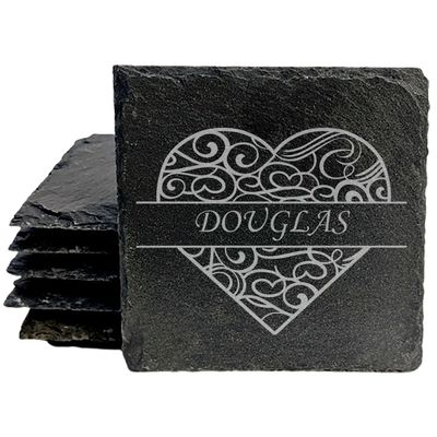 Love in Every Sip: Personalized Slate Coasters with Split Heart Monogram - Square Slate - Set of 8