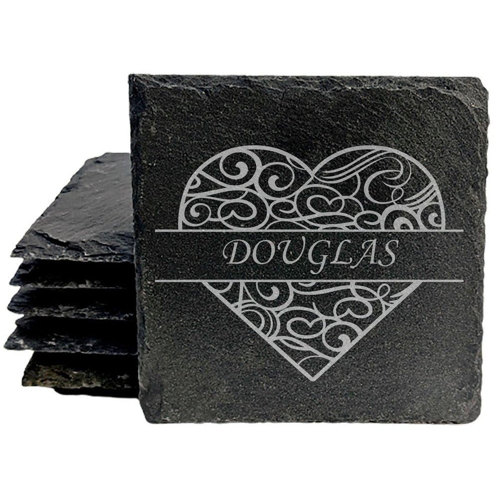 Love in Every Sip: Personalized Slate Coasters with Split Heart Monogram - Square Slate - Set of 8