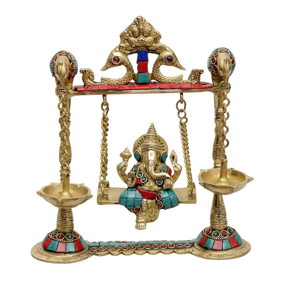 AONA Brass Ganesha on a Swing with Two Parrot Holding with Oil Diya Brass Chain Height 9 Inches