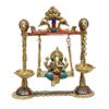AONA Brass Ganesha on a Swing with Two Parrot Holding with Oil Diya Brass Chain Height 9 Inches view 1
