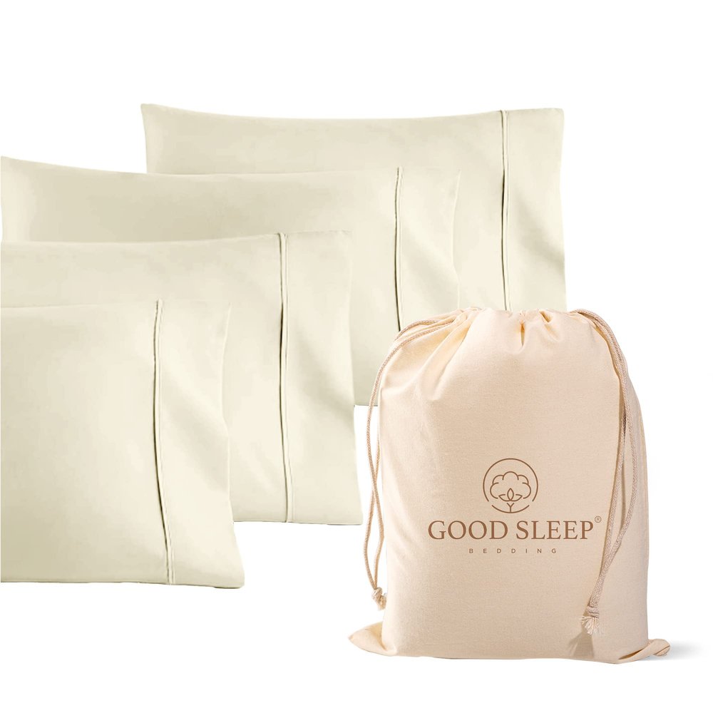 1000 TC Ivory Standard Pillowcases Set of 4 100% Egyptian Cotton Pillow Cases with Long Staple Cotton & Sateen Weave, Silky Soft Hotel - Like Bed Pillow Covers for Comfy Sleeping, Snug Fit