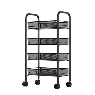 4-Tier Rolling Utility Cart, Storage Cart with 4 Hooks and 4 Removable Wire Basket, Kitchen Cart with Wheels, Metal Storage Cart Organizer for Kitchen, Living Room, Bathroom, Shelving Unit with Whee