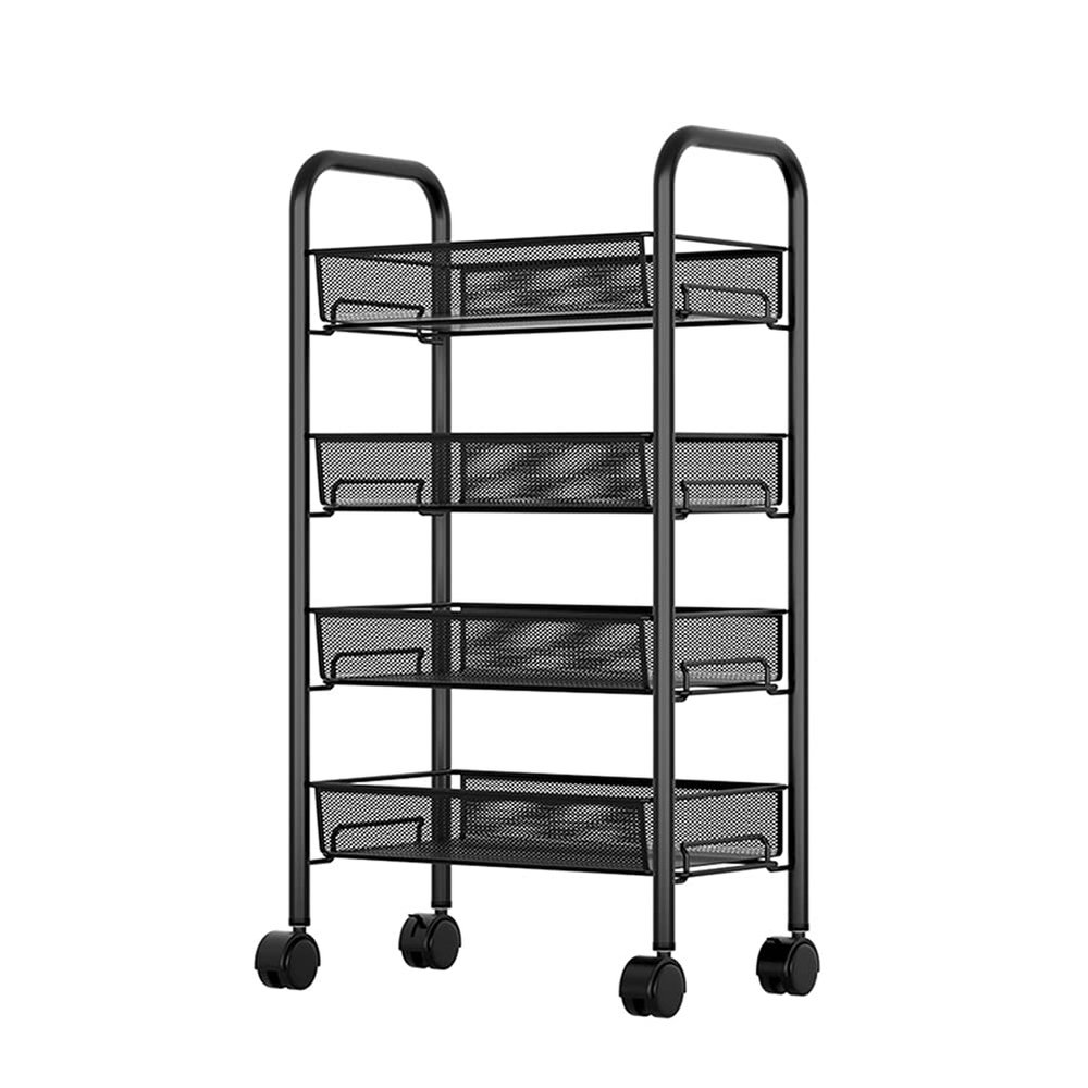 4-Tier Rolling Utility Cart, Storage Cart with 4 Hooks and 4 Removable Wire Basket, Kitchen Cart with Wheels, Metal Storage Cart Organizer for Kitchen, Living Room, Bathroom, Shelving Unit with Whee