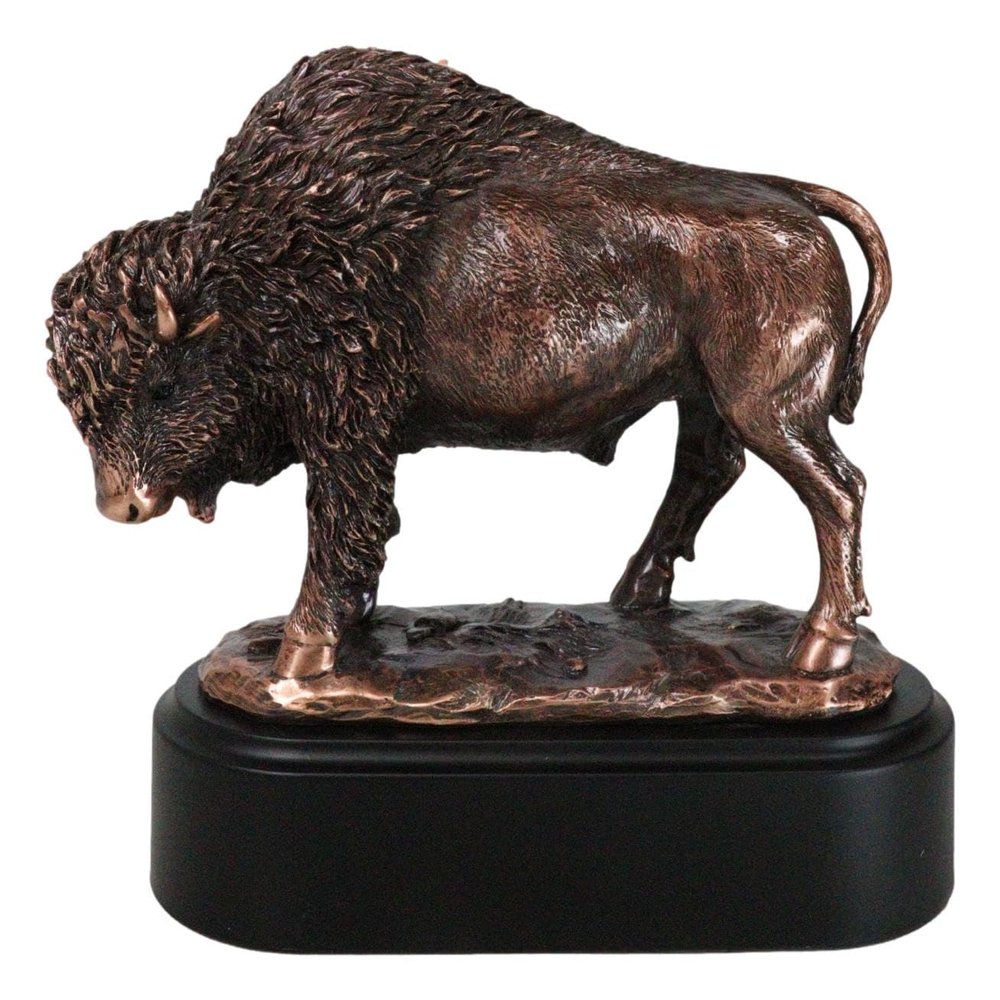 Ebros Gift 7" H Southwestern Grazing American Bison Figurine in Electroplated Bronze Resin Finish with Black Trophy Base Sacred Native Buffalo Bull Western Desktop Shelf Decorative Statue