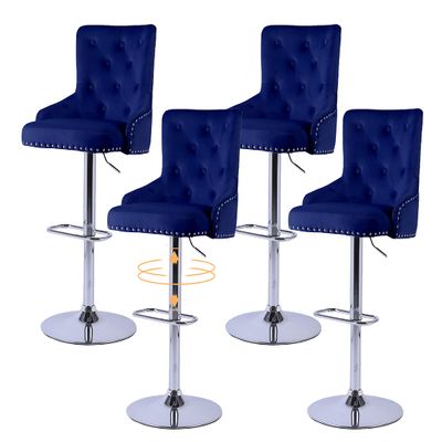 asunflower Bar Stools Set of 4, Navy Blue Adjustable Height Swivel Barstools, Tufted Velvet Upholstered Bar Chair with Back and Footrest for Bar Counter, Kitchen Island, Dining Room