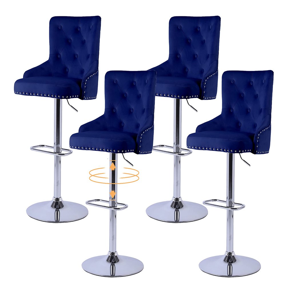 asunflower Bar Stools Set of 4, Navy Blue Adjustable Height Swivel Barstools, Tufted Velvet Upholstered Bar Chair with Back and Footrest for Bar Counter, Kitchen Island, Dining Room