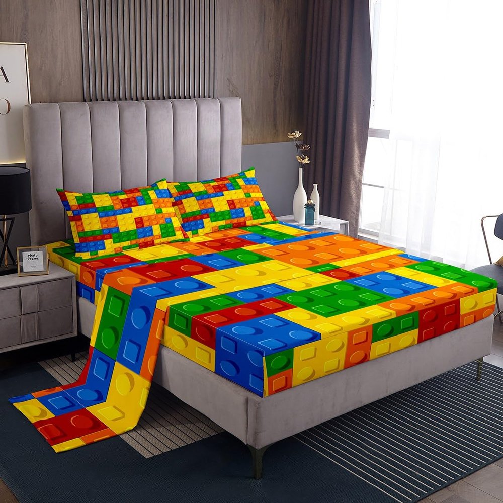 Feelyou Bed Sheet Set Twin Size Color Building Blocks Sheet Set Brick Sheets Bedroom Nursery Bedding Set with Flat Sheet Fitted Sheet Pillowcase 3Pcs