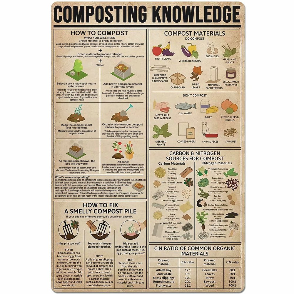 JIUFOTK Composting Knowledge Metal Tin Sign Gardening Planting Guide Poster Farmhouse Home Kitchen Club Wall Decoration Plaque 12x18 Inches