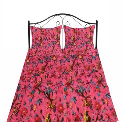 Sophia-Art Twin/King Bed Bohemian Bird Queen Bedspread Handcrafted Handmade Quilt Kantha Bird Print Cover Unique Blanket Bedding Quilt (Pink, California King 108"x108" with Sham Cover)