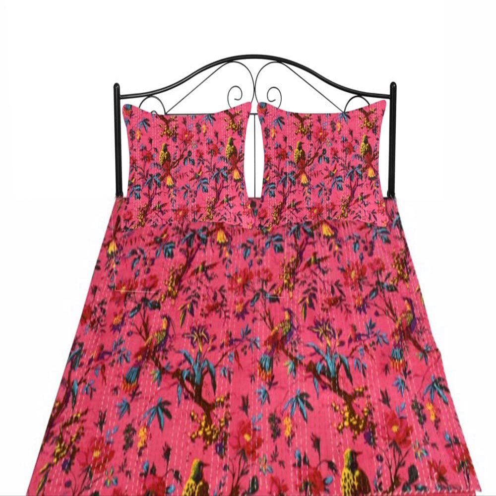 Sophia-Art Twin/King Bed Bohemian Bird Queen Bedspread Handcrafted Handmade Quilt Kantha Bird Print Cover Unique Blanket Bedding Quilt (Pink, California King 108"x108" with Sham Cover)