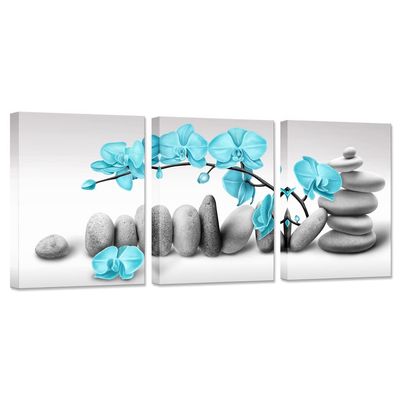 Biuteawal 3 Panel Zen Wall Art Blue Orchid Flower with SPA Stone Pictures Canvas Prints Grey Turquoise Floral Painting Peaceful Artwork Modern Spa Yoga Home Bedroom Office Bathroom Decoration