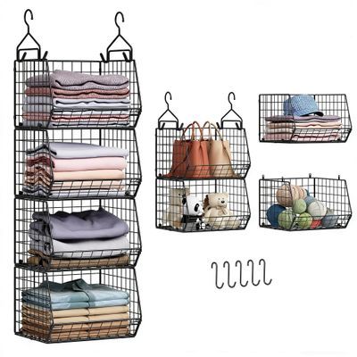 4 Tier Closet Hanging Organizer, Closet Organizers and Storage with 5 S Hooks, Closet Hanging Shelves & Freestanding Wire Storage Basket Bins, for Clothing Shoes Handbags Clutches Accessories Patent