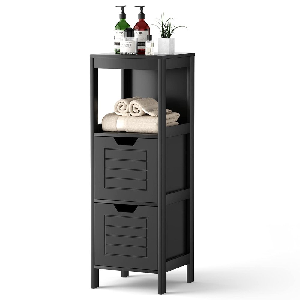 DORTALA Bathroom Storage Cabinet, Multifunctional Wooden Storage Rack Free Standing Organizer w/ 2 Drawers, Space-Saving Bathroom Floor Cabinet for Living Room Bathroom Bedroom Entryway, Black