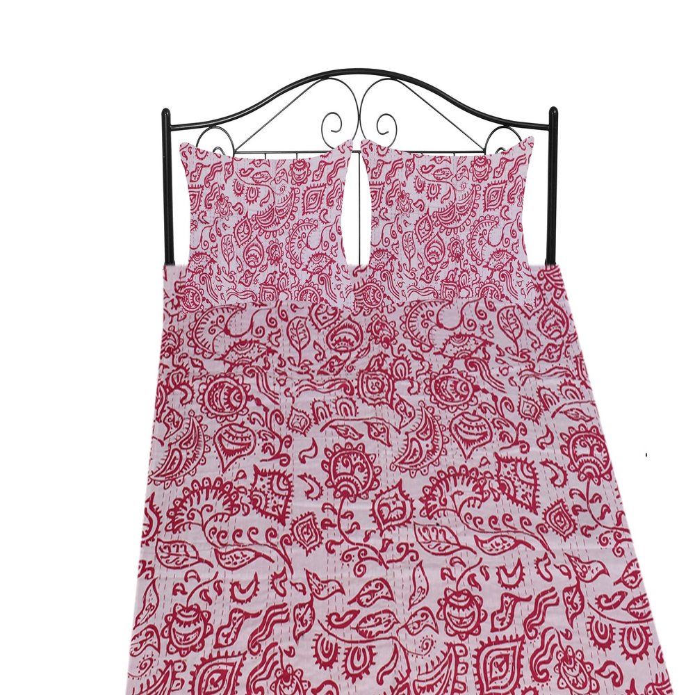 Sophia-Art Indian Feb India Reversible Bedspread Pattern Floral Print Bed Cover Gudri Pure Cotton Kantha Style Decorative Kantha Stitch Quilt (Pink, King 90 * 108 Inches with sham Cover)