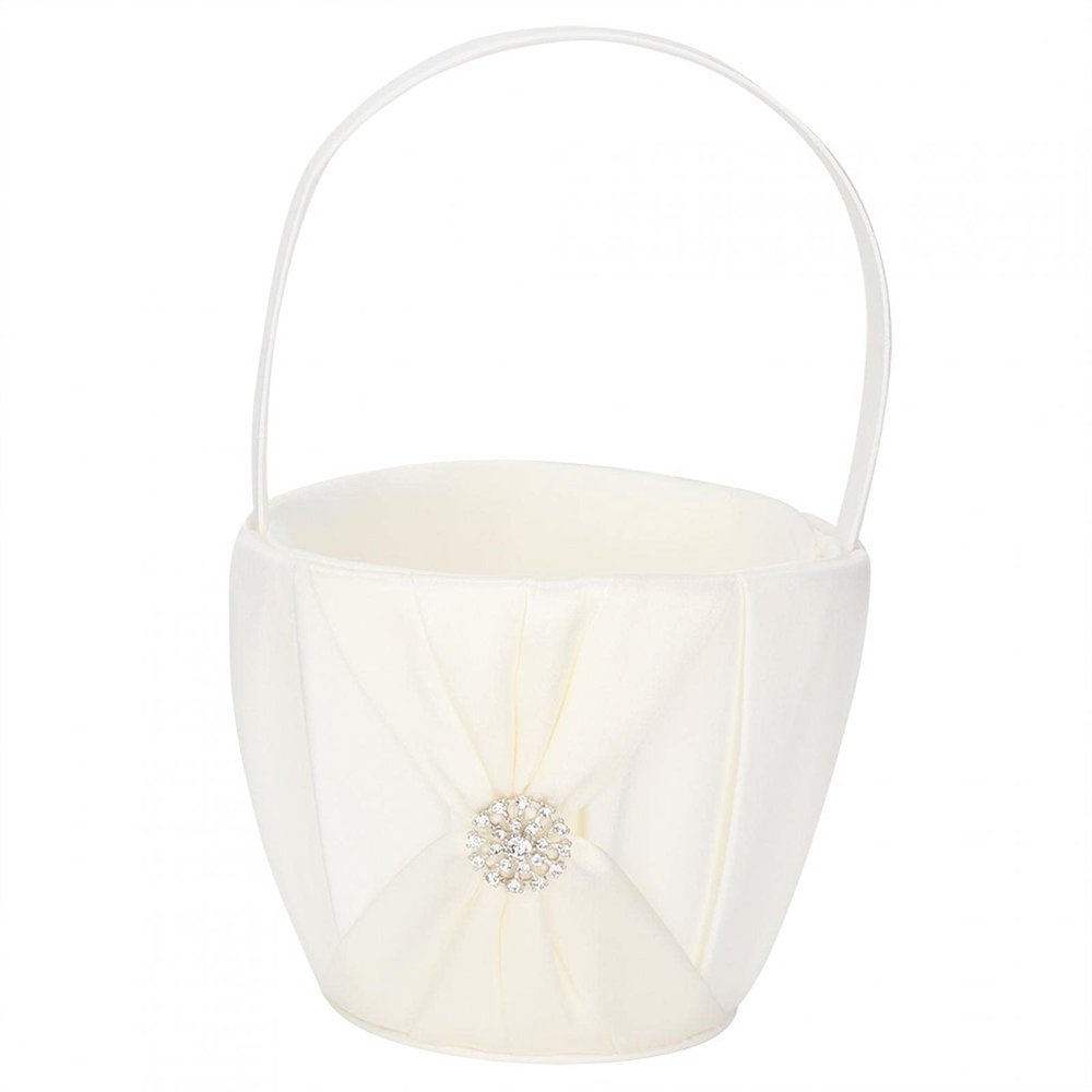 Alvinlite Wedding Flower Basket Silk Satin Material Flower Girl Basket Basket Gift with Bow(White)
