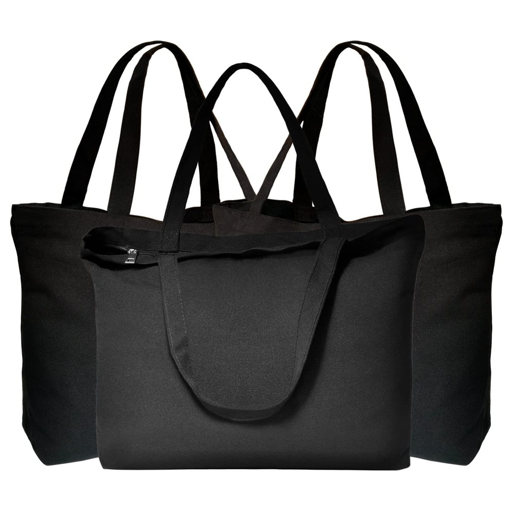 KOOLMOX 3 Pcs 12oz Heavy Duty Zippered Canvas Tote Bags with Long Handles and 3.9'' Bottom, Machine Washable & Reusable, Canvas Bags for Crafts, Groceries, Shopping, 16x13x3.9''