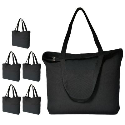 Koolmox Black Canvas Tote Bag with Zipper, 6-Pack 17x14x3.9'' 12Oz Thick Canvas Bag with Handles and Flat Bottom, Women Men Grocery Shopping Bags Cotton Totes Sublimation Totes to Customize