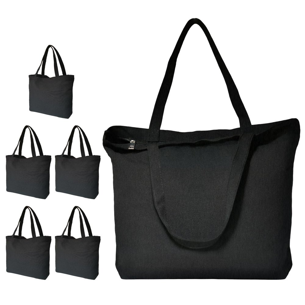 Koolmox Black Canvas Tote Bag with Zipper, 6-Pack 17x14x3.9'' 12Oz Thick Canvas Bag with Handles and Flat Bottom, Women Men Grocery Shopping Bags Cotton Totes Sublimation Totes to Customize