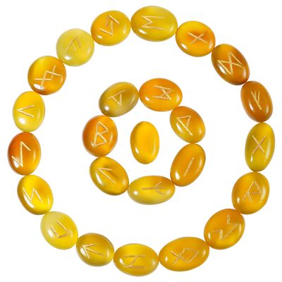 Crocon Yellow Onyx Stone Handmade Rune Stones with Elder Futhark Alphabet Engraved 25 pcs Runes Set for Beginners Reiki Healing Stone with a Pouch & Rune Good Luck Viking Gemstone Runes Stones Gift