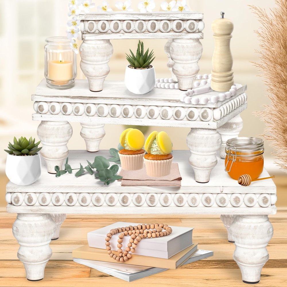 Decorative Tray [Set of 3] Wooden Tiered Tray Stand Display Risers - Tiered Tray Decor for Tabletop Use, Kitchen Island, Coffee Bar - Wood Risers, Beaded Pedestal Stand Farmhouse Kitchen Decor (White)