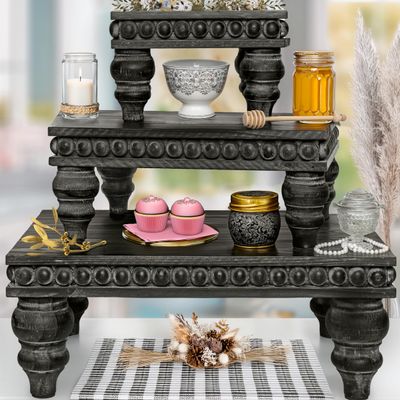 Decorative Tray [Set of 3] Wooden Tiered Tray Stand Display Risers - Tiered Tray Decor for Tabletop Use, Kitchen Island, Coffee Bar - Wood Risers, Beaded Pedestal Stand Farmhouse Kitchen Decor (Black)