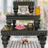 Decorative Tray [Set of 3] Wooden Tiered Tray Stand Display Risers - Tiered Tray Decor for Tabletop Use, Kitchen Island, Coffee Bar - Wood Risers, Beaded Pedestal Stand Farmhouse Kitchen Decor (Black) view 1