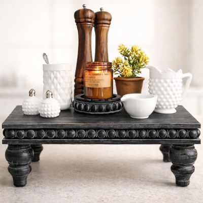 Felt Creative Home Goods Decorative Wood Risers for Decor | Tiered Tray Stand | Farmhouse Beaded Riser Stand for Decor | Wooden Pedestal Stand Large 12x16 Beaded Tray for Kitchen Coffee Bar (Black)