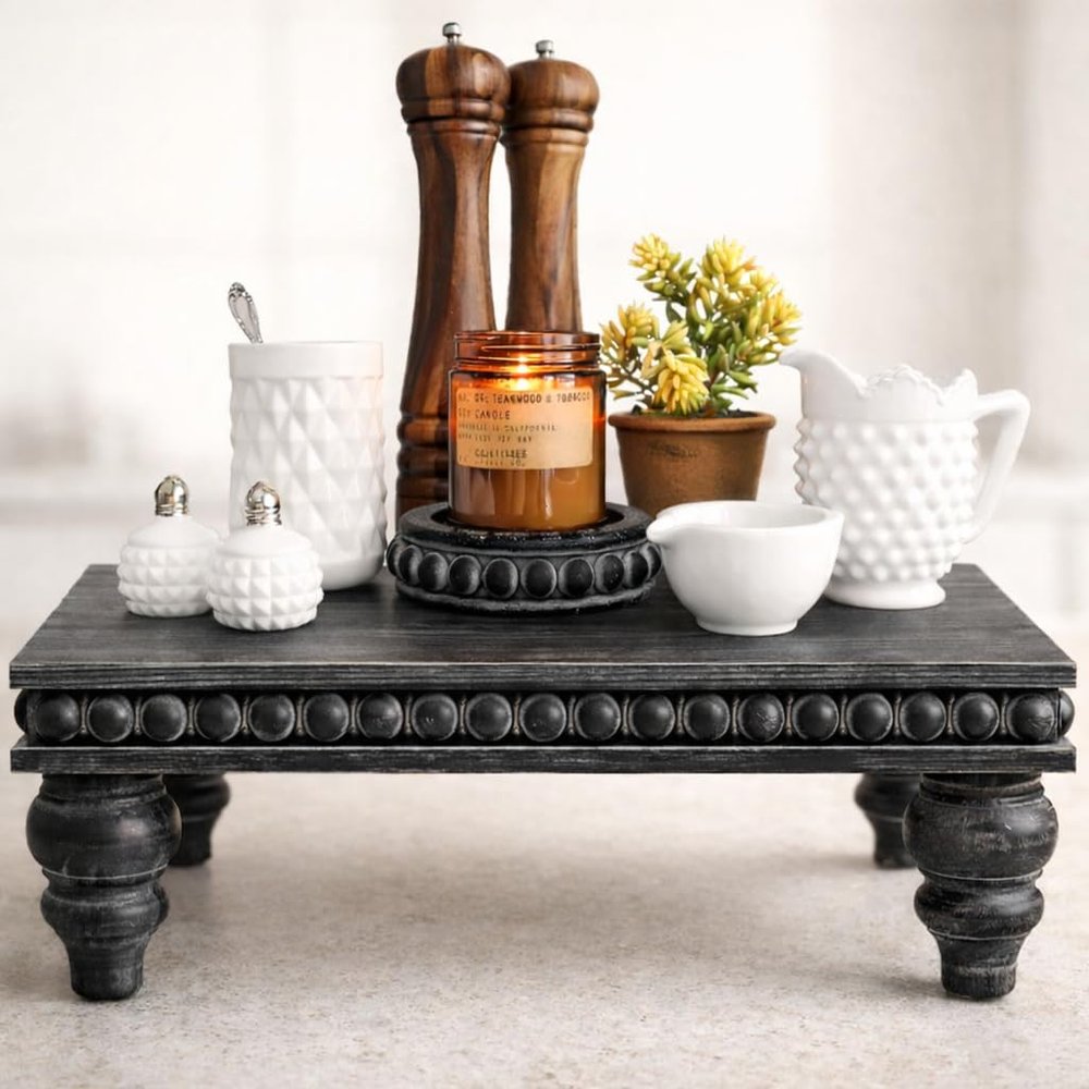 Felt Creative Home Goods Decorative Wood Risers for Decor | Tiered Tray Stand | Farmhouse Beaded Riser Stand for Decor | Wooden Pedestal Stand Large 12x16 Beaded Tray for Kitchen Coffee Bar (Black)