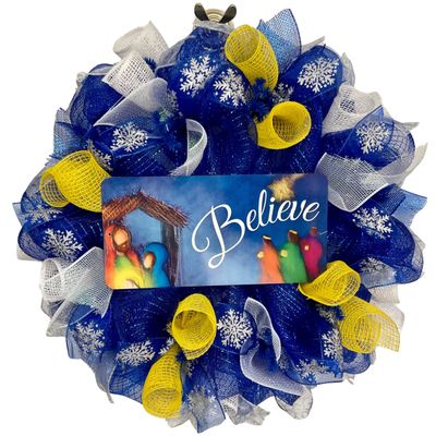 Believe Nativity Christmas Wreath Handmade Deco Mesh Available in 24 inch and 28 inch diameters
