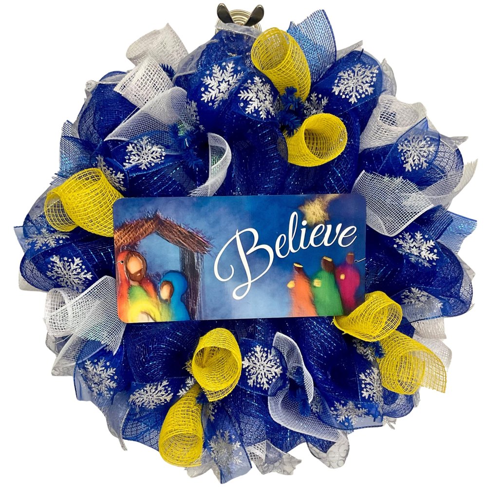 Believe Nativity Christmas Wreath Handmade Deco Mesh Available in 24 inch and 28 inch diameters