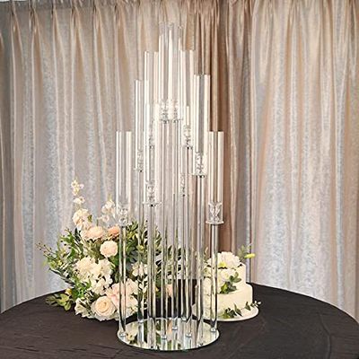 Crystal Cluster Round Glass Candelabra, 47" Tall | 10 Arms Clear Decorative Pillar Candle Holders with Mirror Base for Wedding Party Event Home Decor