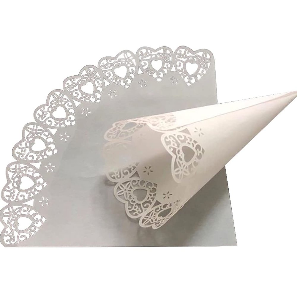 Queenbox 50 Pcs Love & Lace Wedding Confetti Cones, 5.5x5.5in White Flower Rolled Papers Holder, Bouquet Petals Candy Bags Boxes for Party Celebration