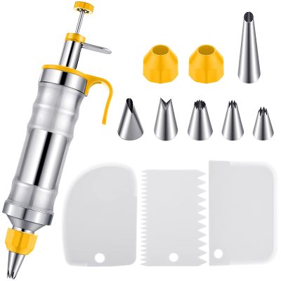 Patelai Cake Decorating Syringe Set, Stainless Steels Dessert Frosting Piping Kit with 6 Icing Piping Tips 3 Cream Scraper for Cupcake Decorating Tools(Yellow, White)