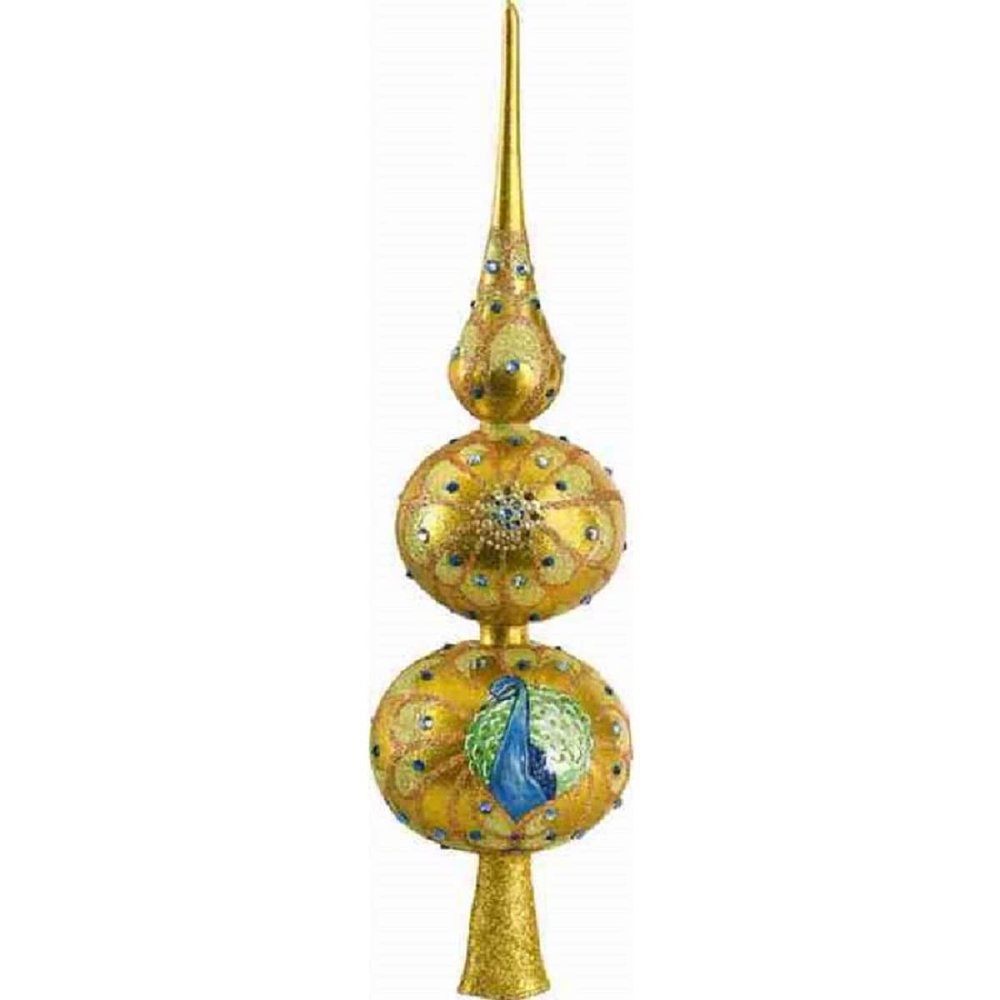 Joy To The World Golden Peacock Finial Polish Glass Christmas Tree Topper