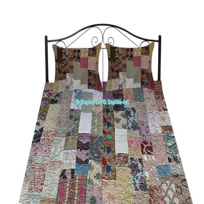Handmade Vintage Khambadiya Print Hand Jari Patchwork King/Twin Size Embroidery Kantha Quilt Home Decorative Kantha Bedspread Indian Blanket Coverlet Art
