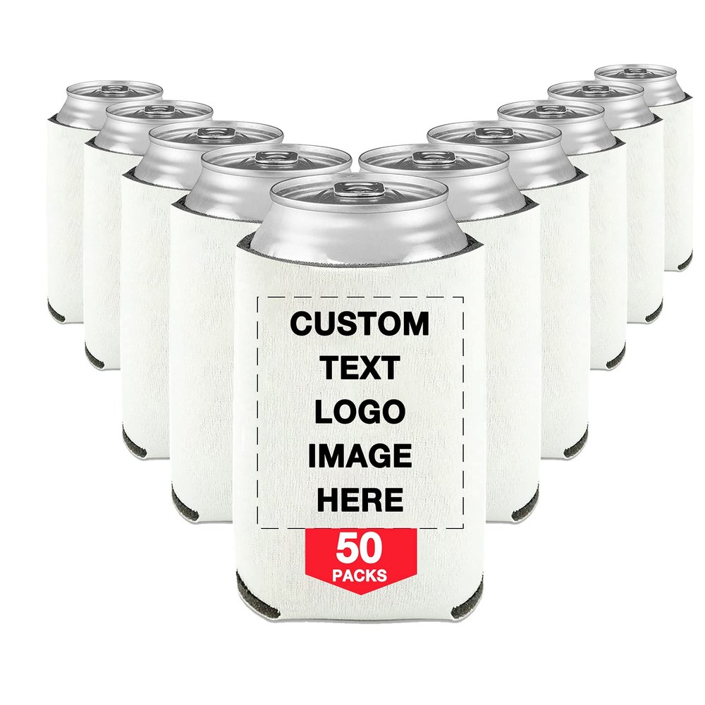 50 PCS Custom Beer Can Cooler Sleeves Bulk Personalized Insulated Beverage Bottle Holder with Logo Image Text for Wedding Birthday Party