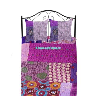 Handmade Vintage Khambadiya Print Hand Jari Patchwork King/Twin Size Embroidery Kantha Quilt Home Decorative Kantha Bedspread Indian Blanket Coverlet Art